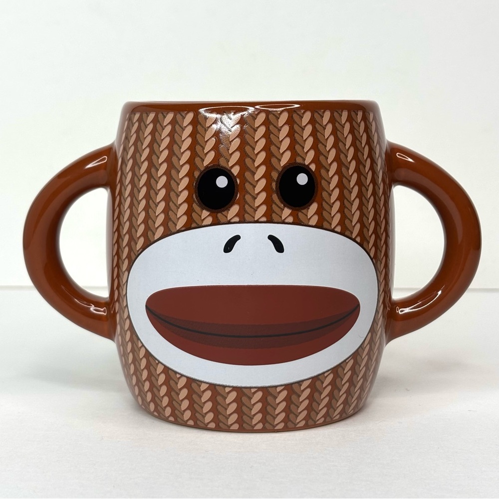 Brown‎ Sock Monkey Face Double Handle Novelty Mug